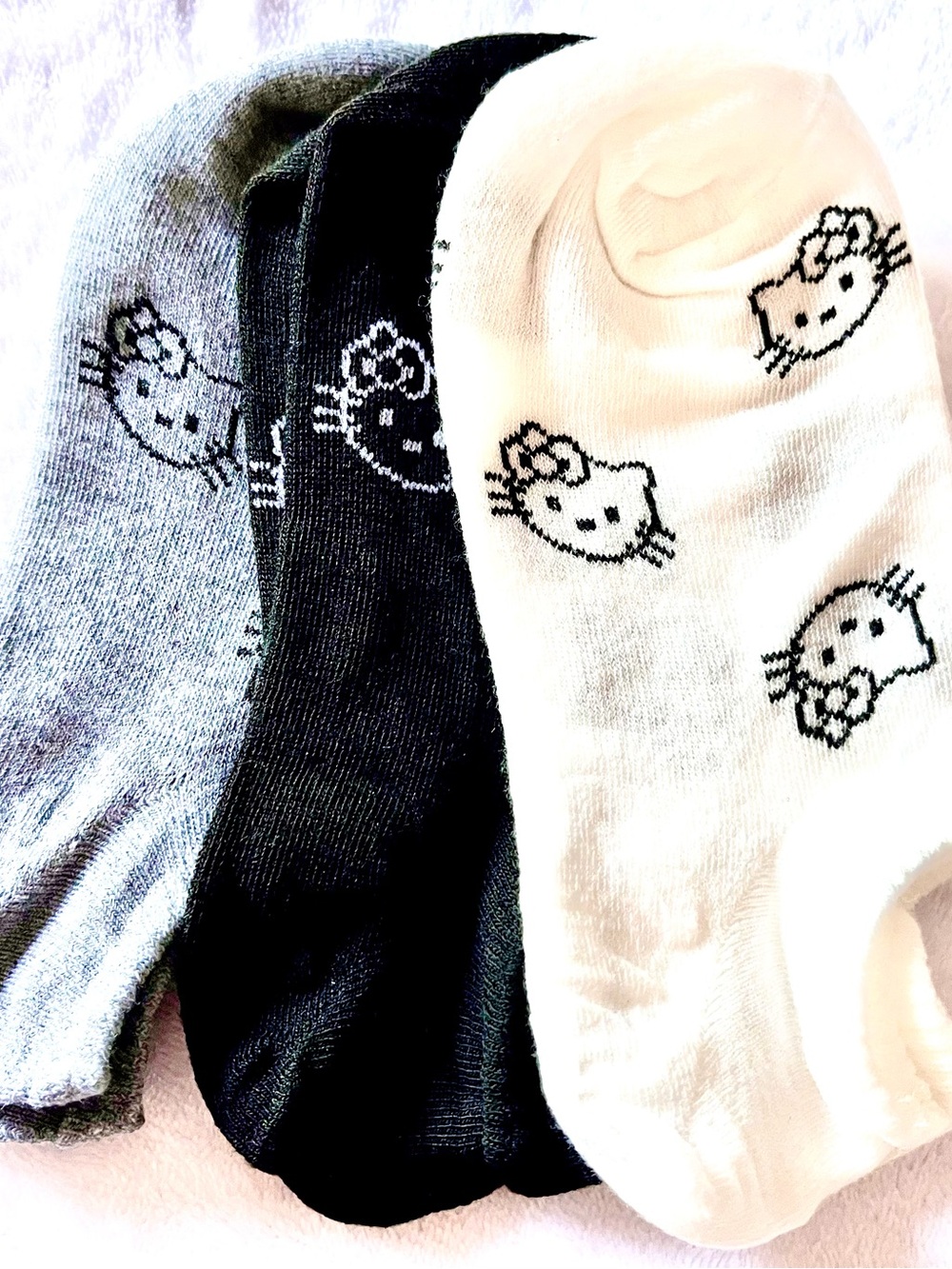 Sanrio Hello Kitty No-Show Socks Trio in White, Black, Gray